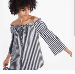 Madewell Women's Shimmer Stripe Blue White Off-the-Shoulder Top Small